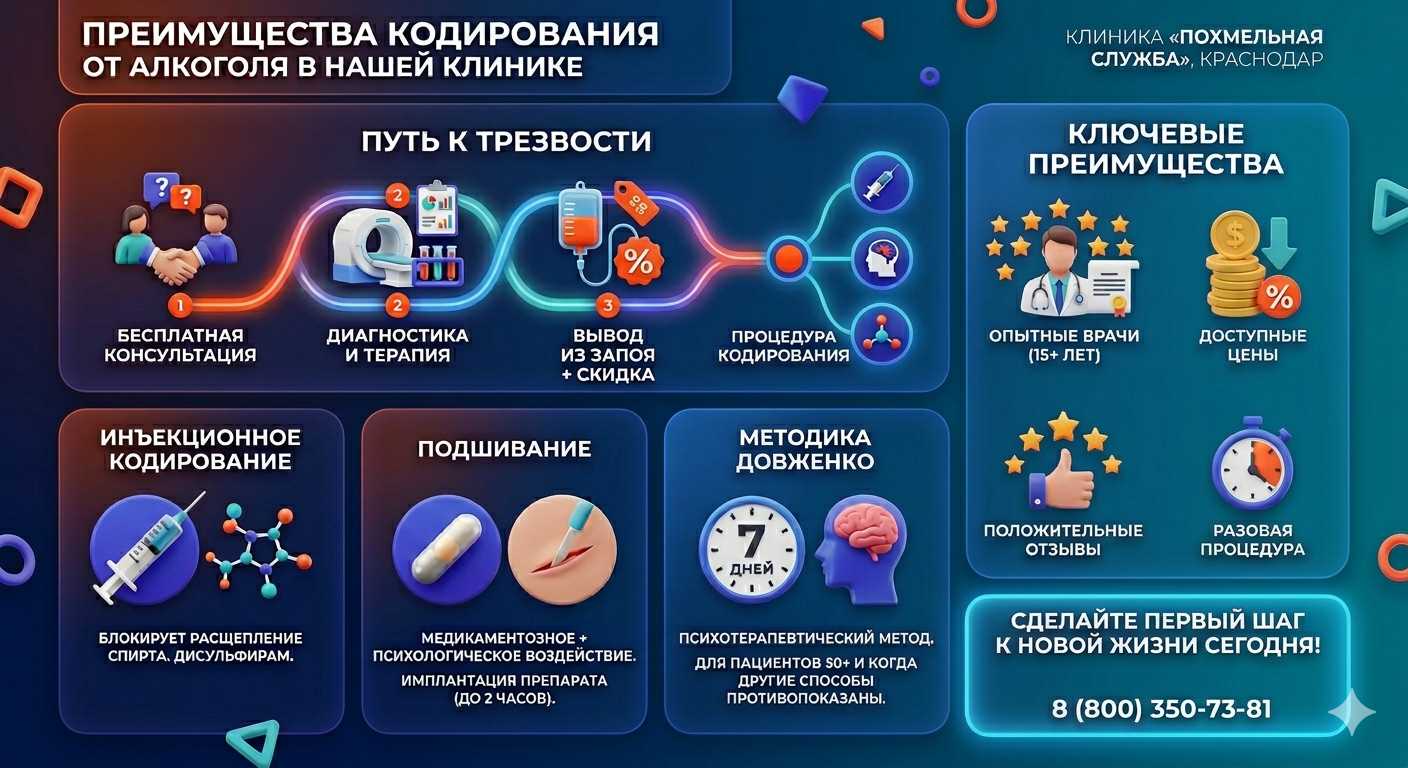 Инфографика о методах кодирования от алкоголя в Трубчевске: инъекции, подшивание, метод Довженко. Преимущества клиники и этапы лечения.